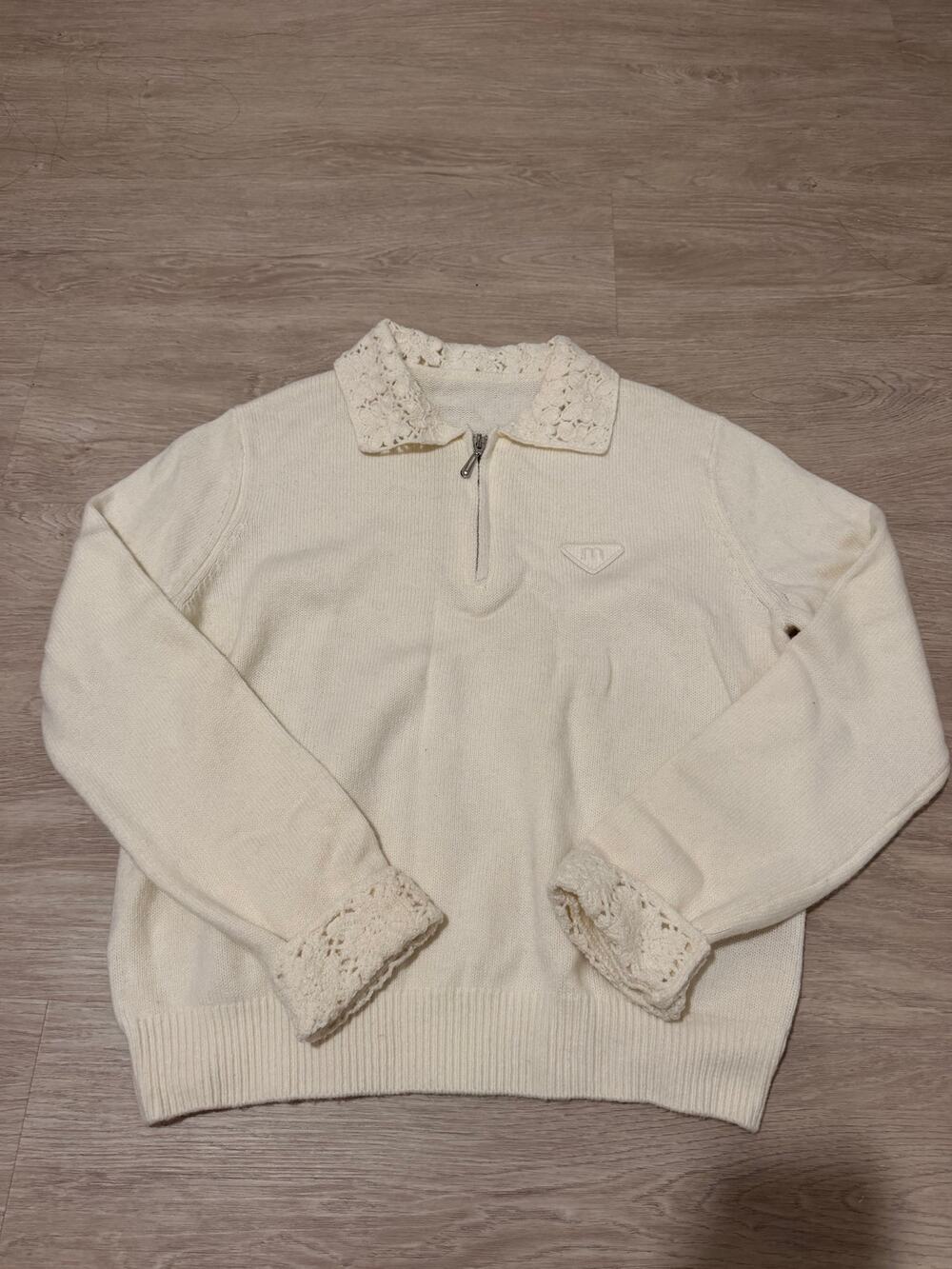 Ivory Lace Collar Half Zip Knit Sweater